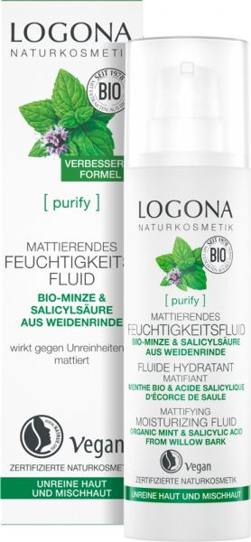 LOGONA PURIFY Mattierendes Feuchtigkeitsfluid Bio-Minze &amp; Salicylsäure aus der Weidenrinde, 30 ml