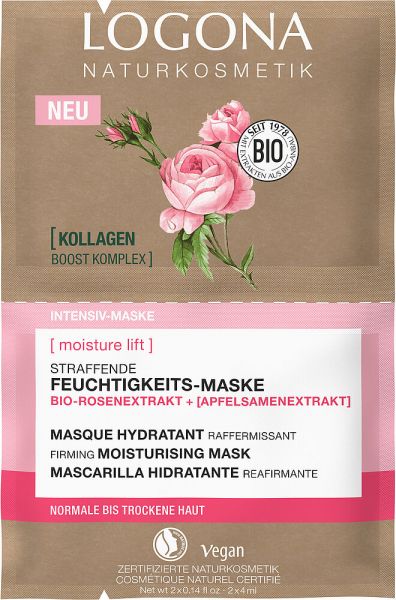 LOGONA MOISTURE LIFT Straffende Feuchtigkeits-Maske Bio-Rosenextrat &amp; Bio-Apfelsamenextrakt, 2 x 4 m