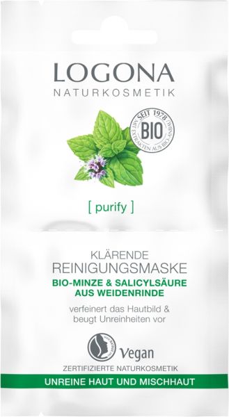 LOGONA PURIFY Klärende Reinigungsmaske Bio-Minze &amp; Salicylsäure aus der Weidenrinde, 2 x 7,5 ml