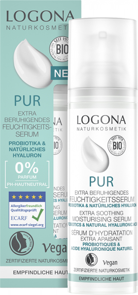 MHD 9-2025 Rabatt 10 % LOGONA PUR Extra-Beruhigendes Feuchtigkeitssserum Probiotika & natürliches H