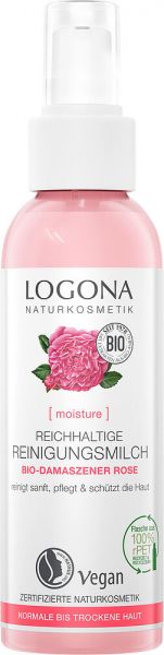 LOGONA MOISTURE Reichhaltige Reinigungsmilch Bio-Damaszener Rose, 125 ml